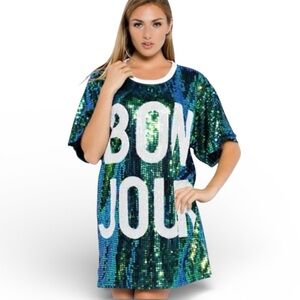BONJOUR Sequin T-Shirt Dress | Shimmering Blue/Green Iridescent | Size M